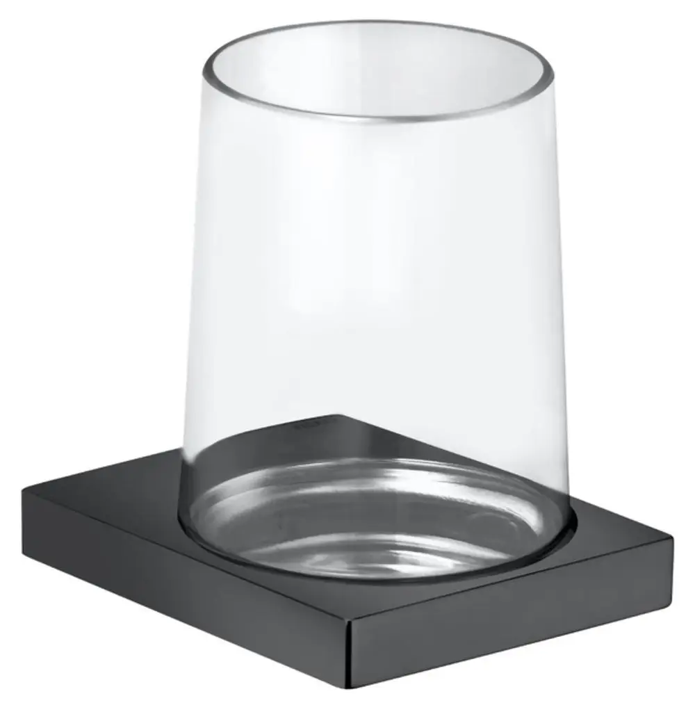 Glashalter von Keuco mit klarer Echtkristall-Glasoberfläche, platziert auf einer schwarzen, quadratischen Chrombasis.